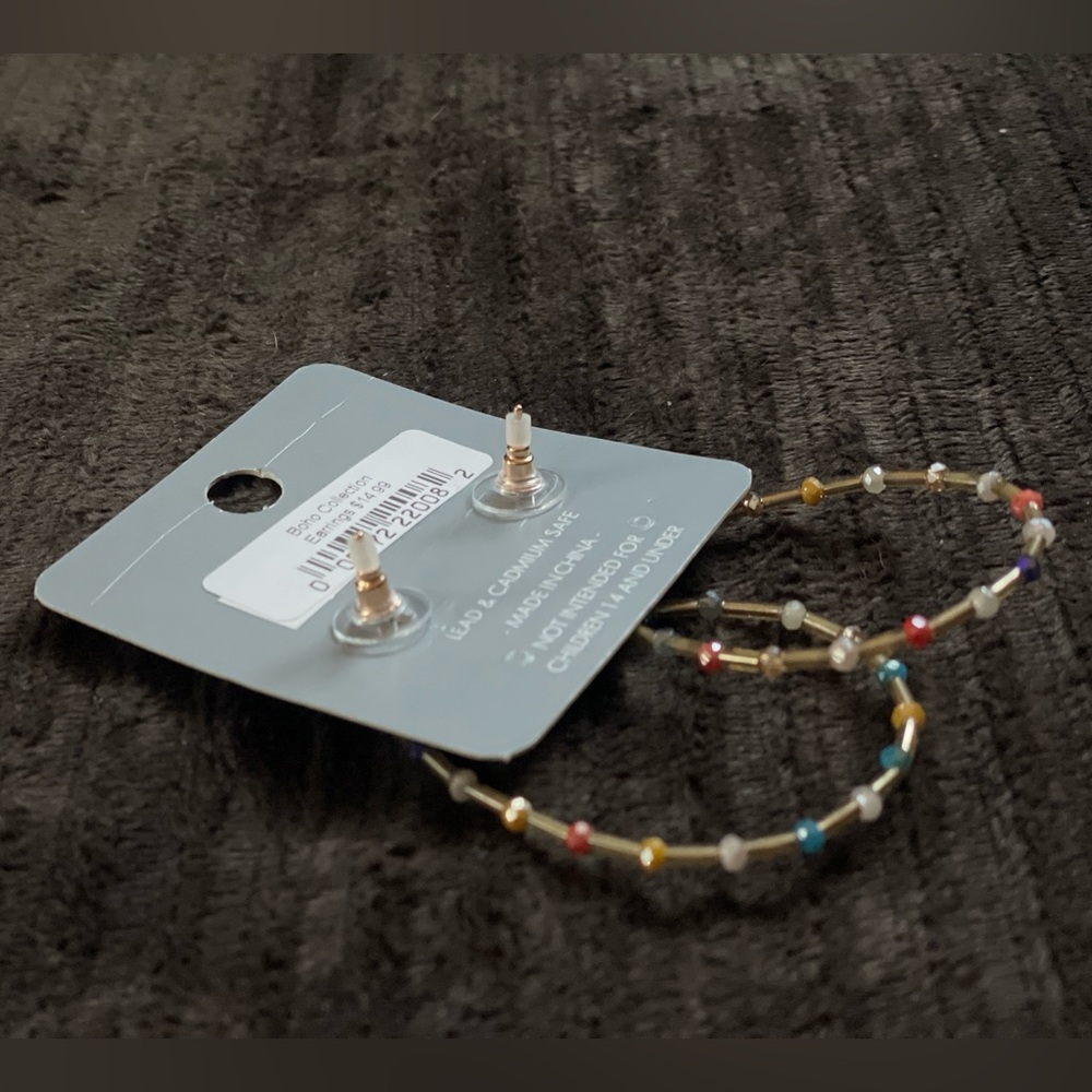 Gold Hoop Earrings with Multi Colored Beads - Picture 6 of 9